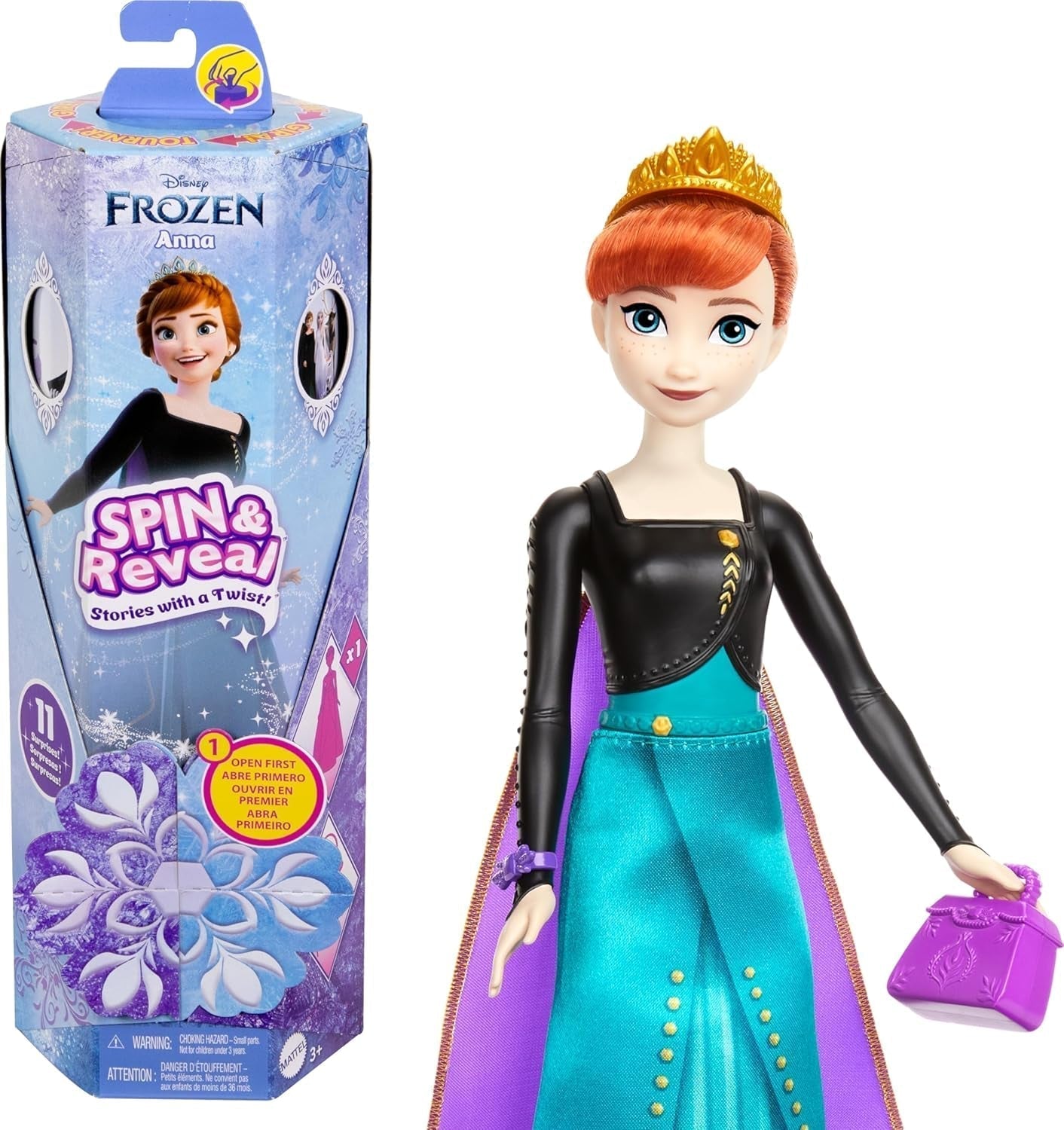 Mattel Disney The Ice Queen Anna Fashion Doll Set, Spin & Reveal avec 11 surprises, dont 5 accessoires, 5 autocollants et une scène de jeu, inspirée du film Disney, HXD27 Naty Shop Dolls Titre par défaut