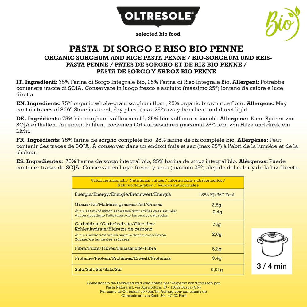 - Pâtes italiennes de sorgho et de riz bio, sans gluten, forme penne - Pâtes sans gluten à base de farine complète issue de l'agriculture biologique italienne, vegan, pack de 3 paquets x 350g