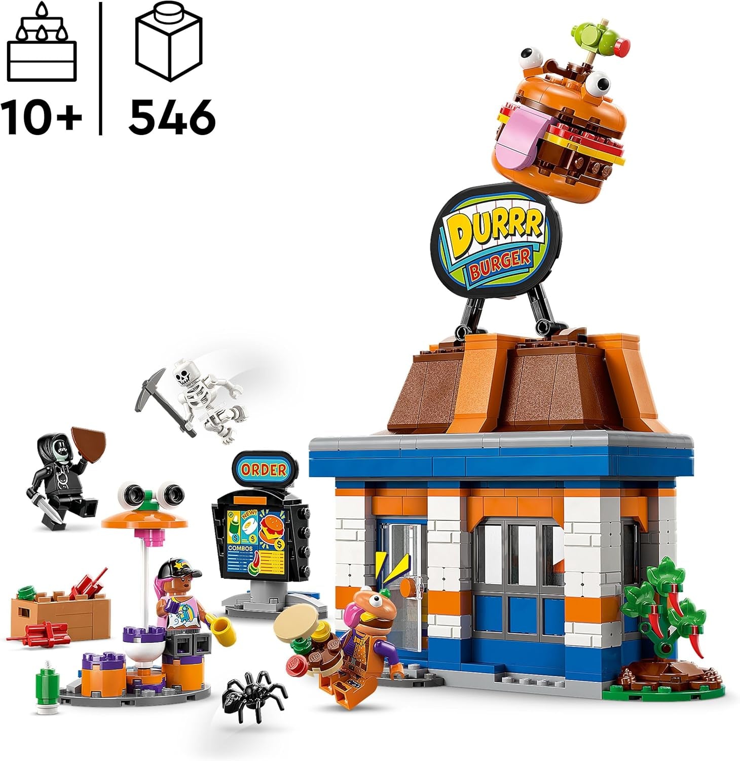 LEGO Fortnite Durrr Burger Restaurant - Jeu de jeu avec Strandbomber, Beefboss, Schmierfink et EIN Skelett Minifiguren - Ensemble de jeu de jeu pour jeunes et filles à partir de 10 ans - 77076