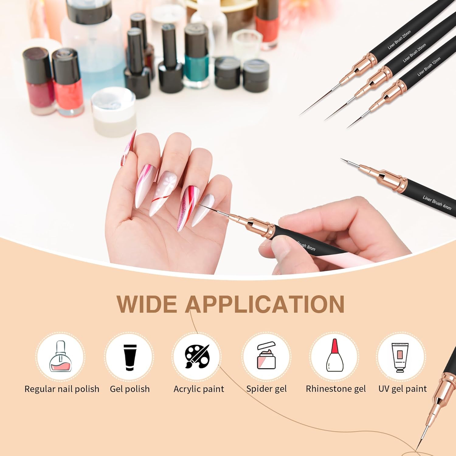 Lot de 5 pinceaux à ongles pour contour des ongles, ensemble de pinceaux de conception de peinture, outil de dessin de pointe d'ongle pour lignes longues, détails fins, dessin fin en taille 6/9/12/15/18 mm, noir