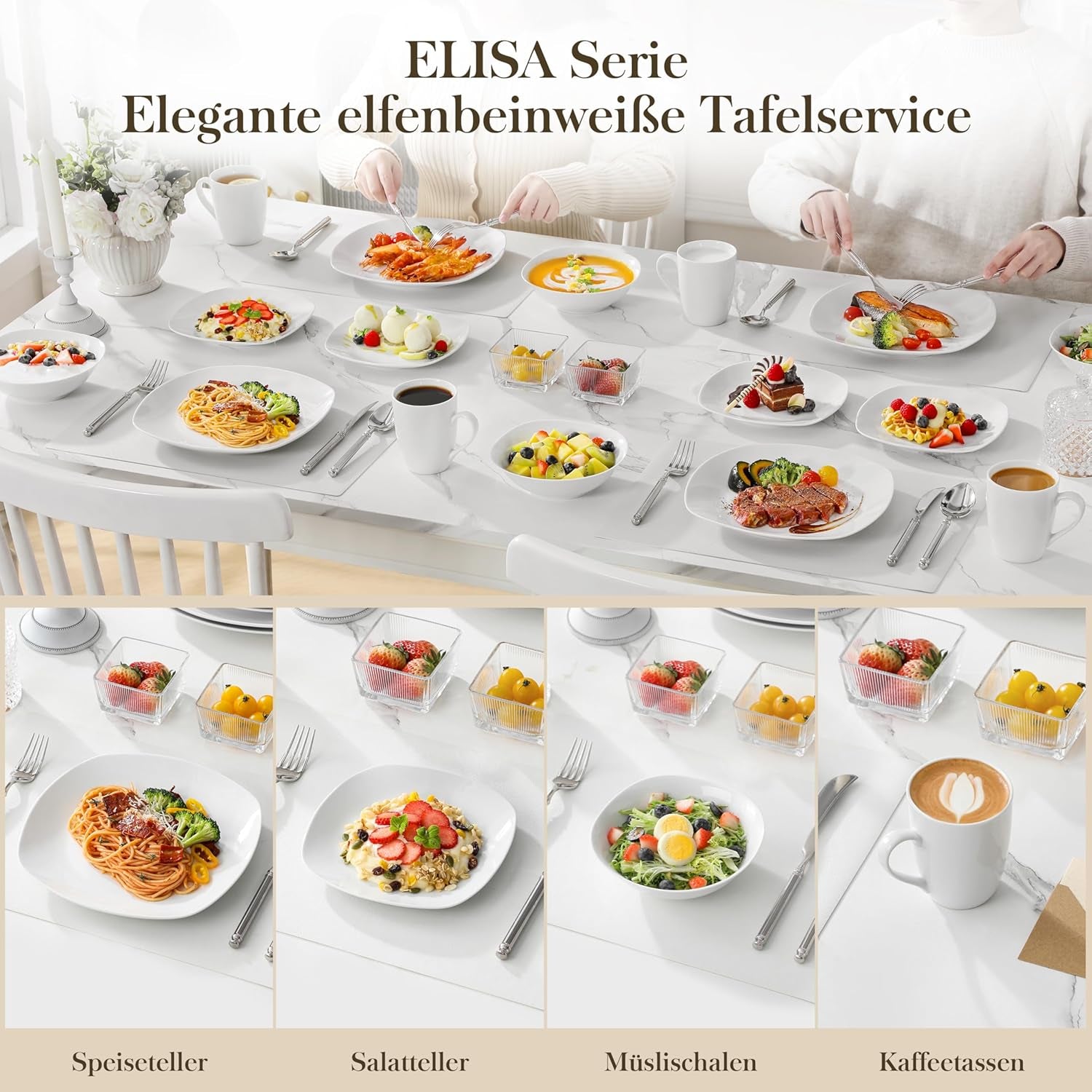 MALACASA Service de table pour 4 personnes, 16 pièces en porcelaine blanche, service de table moderne avec 4 assiettes plates, assiettes à dessert, assiettes et tasses Suma, série ELISA