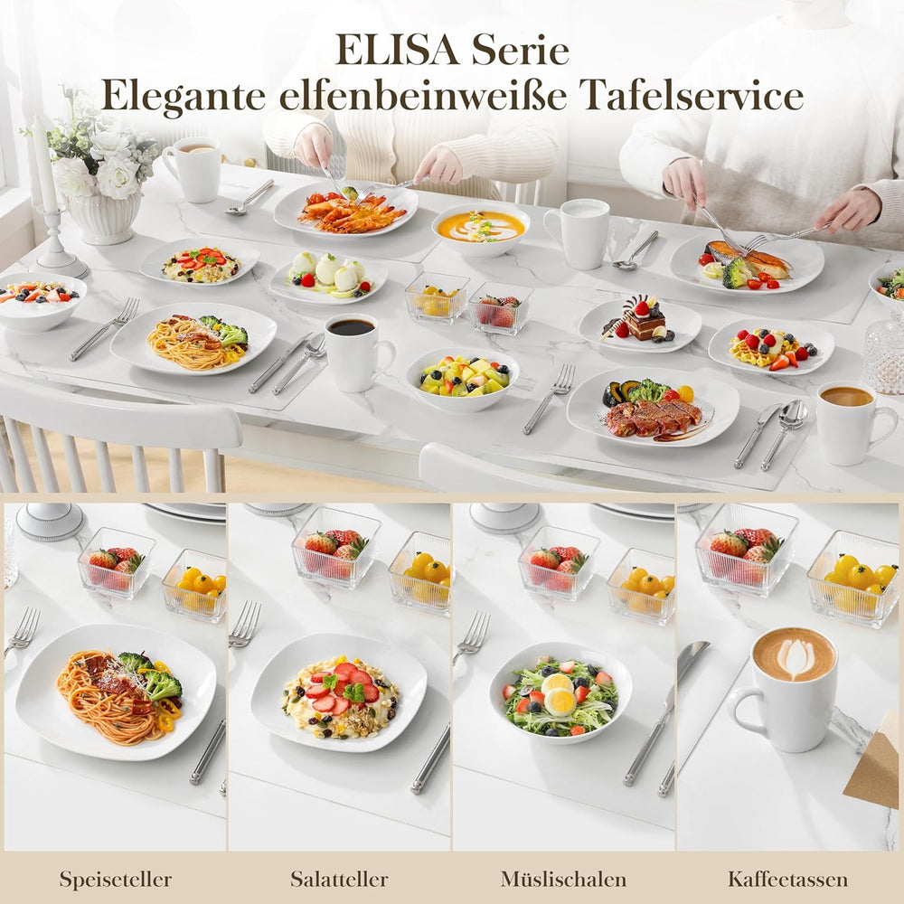 MALACASA Service de table pour 4 personnes, 16 pièces en porcelaine blanche, service de table moderne avec 4 assiettes plates, assiettes à dessert, assiettes et tasses Suma, série ELISA