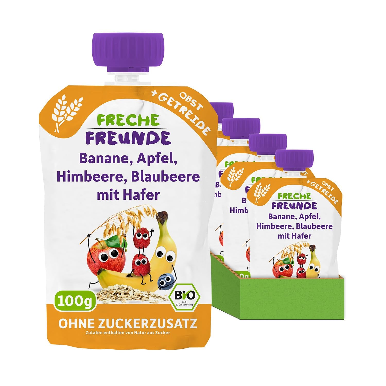 FRECHE FREUNDE Sachet de Fruits Bio Banane, Pomme, Framboise, Myrtille à l'Avoine, Purée de Fruits avec Céréales en Sachet Pressable pour Bébé à partir de 6 Mois, Vegan, Lot de 6 (6 x 100 g)