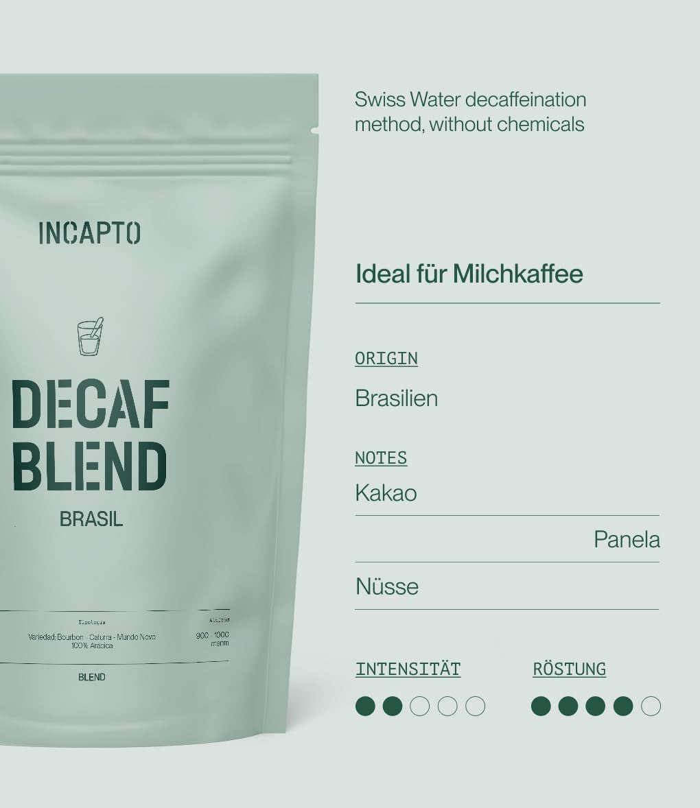 Incapto Ganze Entkofeinierte Kaffeebohnen | Ohne Chemicalien | Mélange de café 100 % Arabica au Brésil | Ungemahlen Espresso Bohnen | Café décaféiné à l'eau suisse, paquet 500g