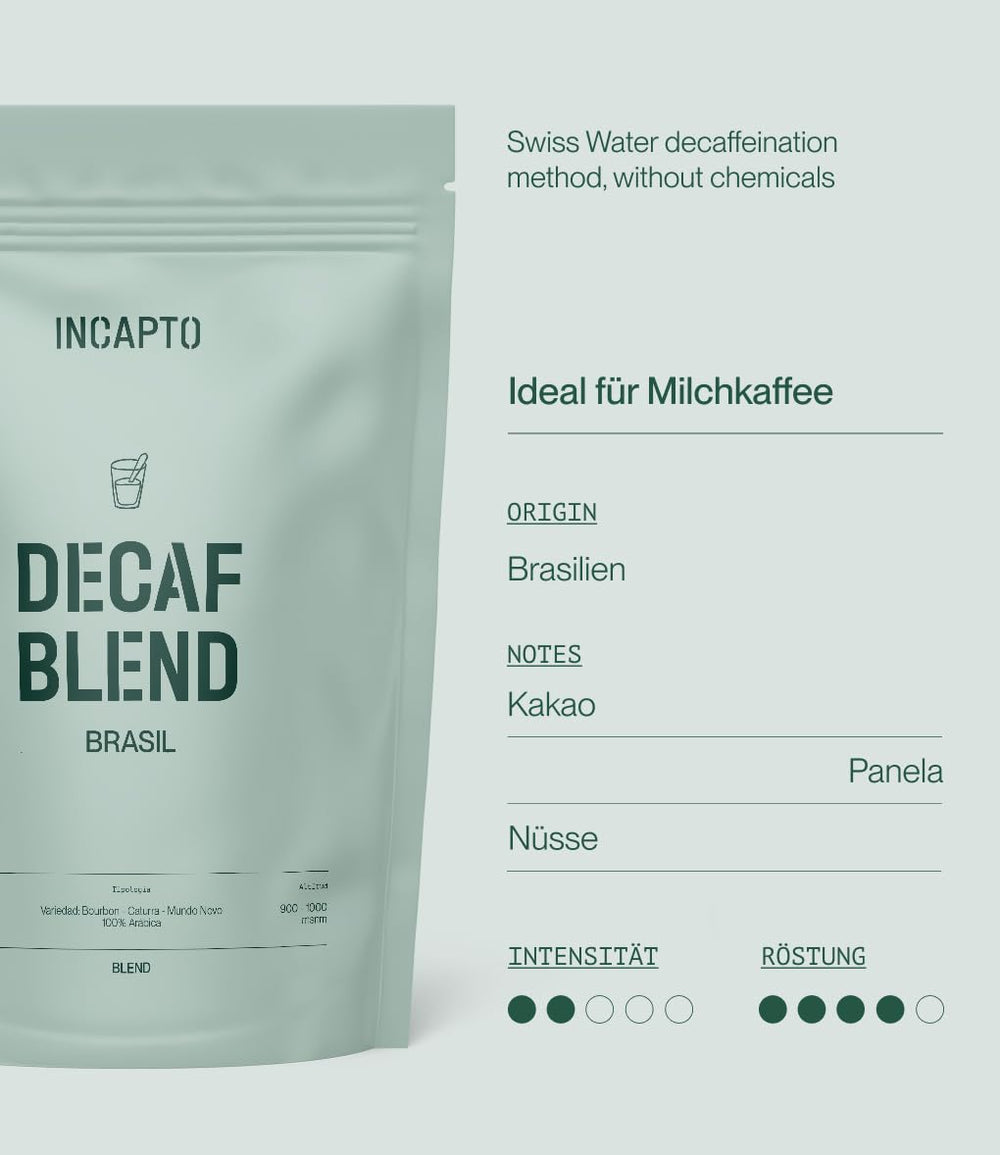Incapto Ganze Entkofeinierte Kaffeebohnen | Ohne Chemicalien | Mélange de café 100 % Arabica au Brésil | Ungemahlen Espresso Bohnen | Café décaféiné à l'eau suisse, paquet 500g