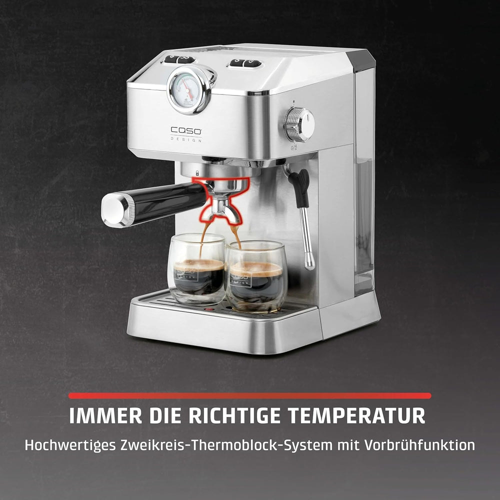 Caso Espresso Gourmet - Machine à expresso porte-filtre en acier inoxydable, puissante pompe Ulka 19 bars, avec mousseur à lait, pour café moulu ou capsules de café ESE, pour 2 tasses, avec chauffe-tasses