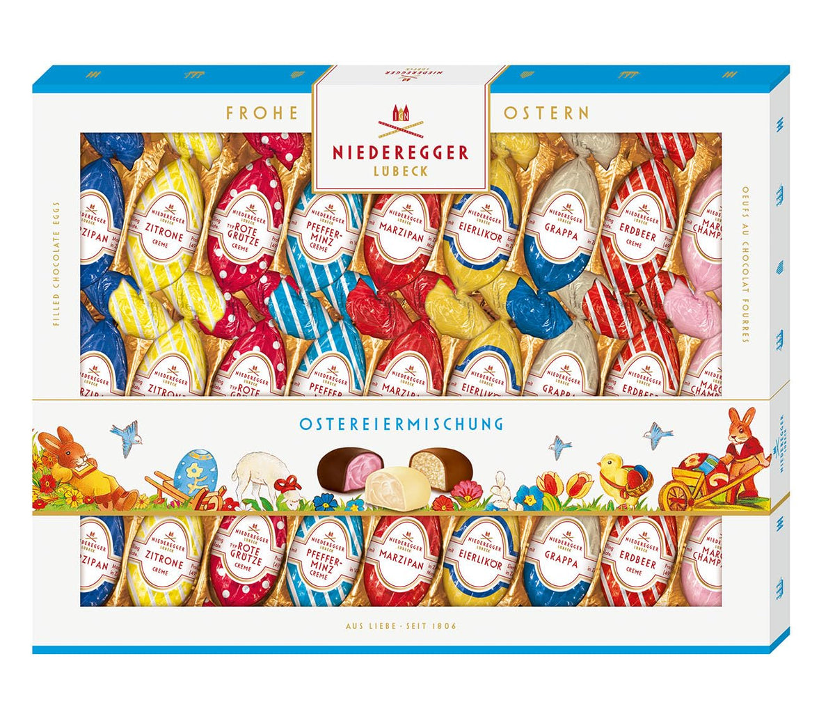 Niederegger | Mélange d’œufs de Pâques | 1x337g | Oeufs de Pâques fourrés à la pâte d'amande et au praliné | Enrobé de chocolat noir, au lait et blanc | Cadeau de Pâques