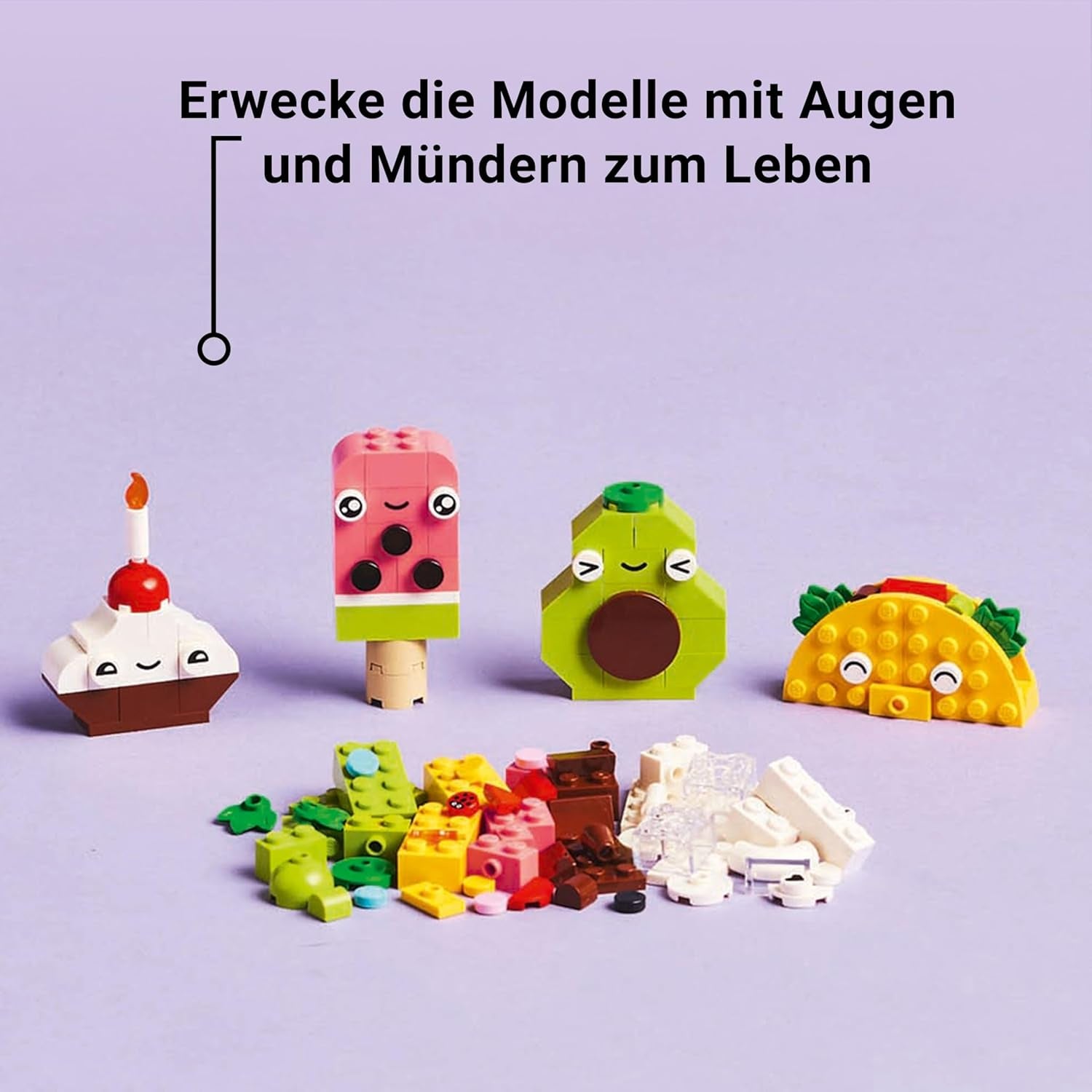 LEGO Classic Creative Snack Bauspaß, Spielzeug mit Essen für fantasievolle Rolenspiele, Bauset for Jungen and Mädchen ab 4 ans, Cupcake, Avocado, EIS am Stiel und Taco 11039