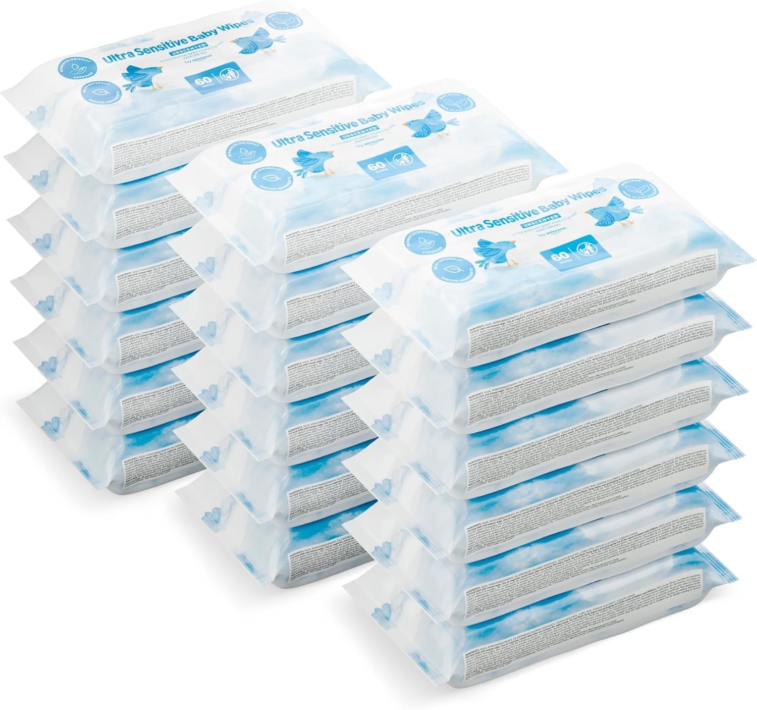 Lingettes pour bébé Amazon Ultra Sensitive, 1080 lingettes, non parfumées, paquet de 18 de 60 lingettes (anciennement marque Amazon, produit identique)