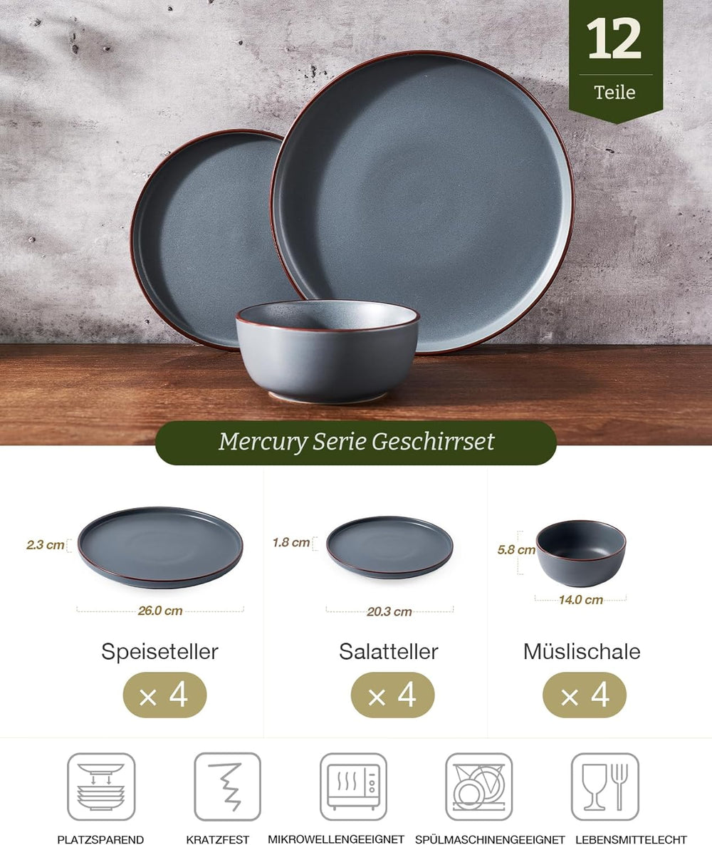 Service de table Mercury, service de table 12 pièces, service de table en grès pour 4 personnes avec assiettes plates, assiettes à dessert, bols à céréales, passe au micro-ondes et au lave-vaisselle, gris anthracite