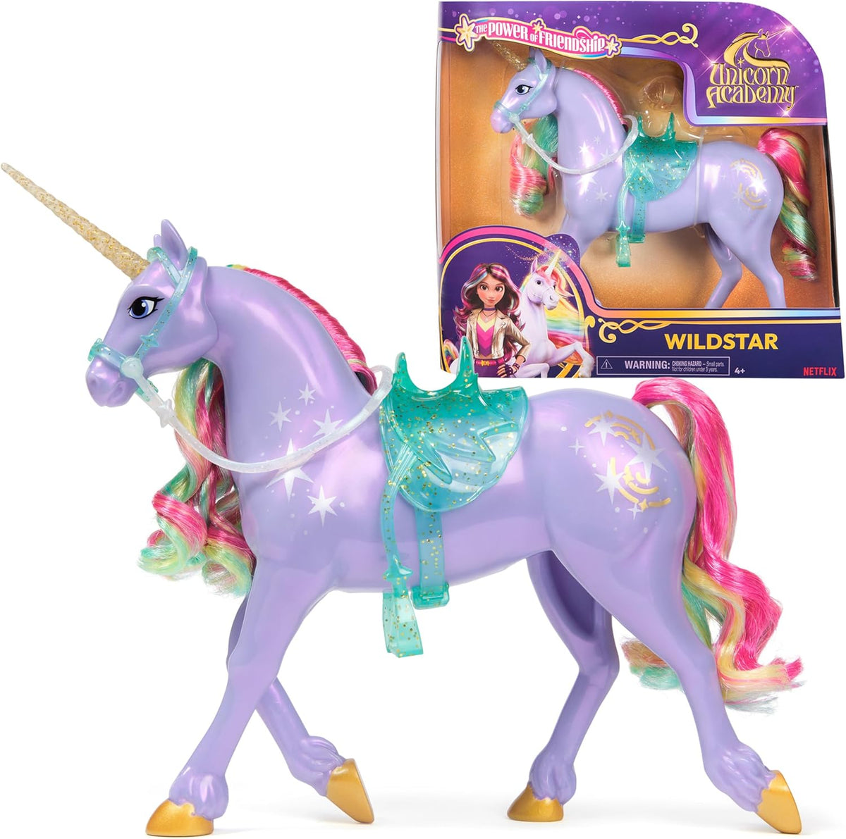 Wildstar Unicorn par Unicorn Academy - Licorne Sophia originale de 28 cm de haut de la série Netflix avec une vraie crinière et une vraie queue, une bride, une selle et une brosse amovibles, à partir de 4 ans