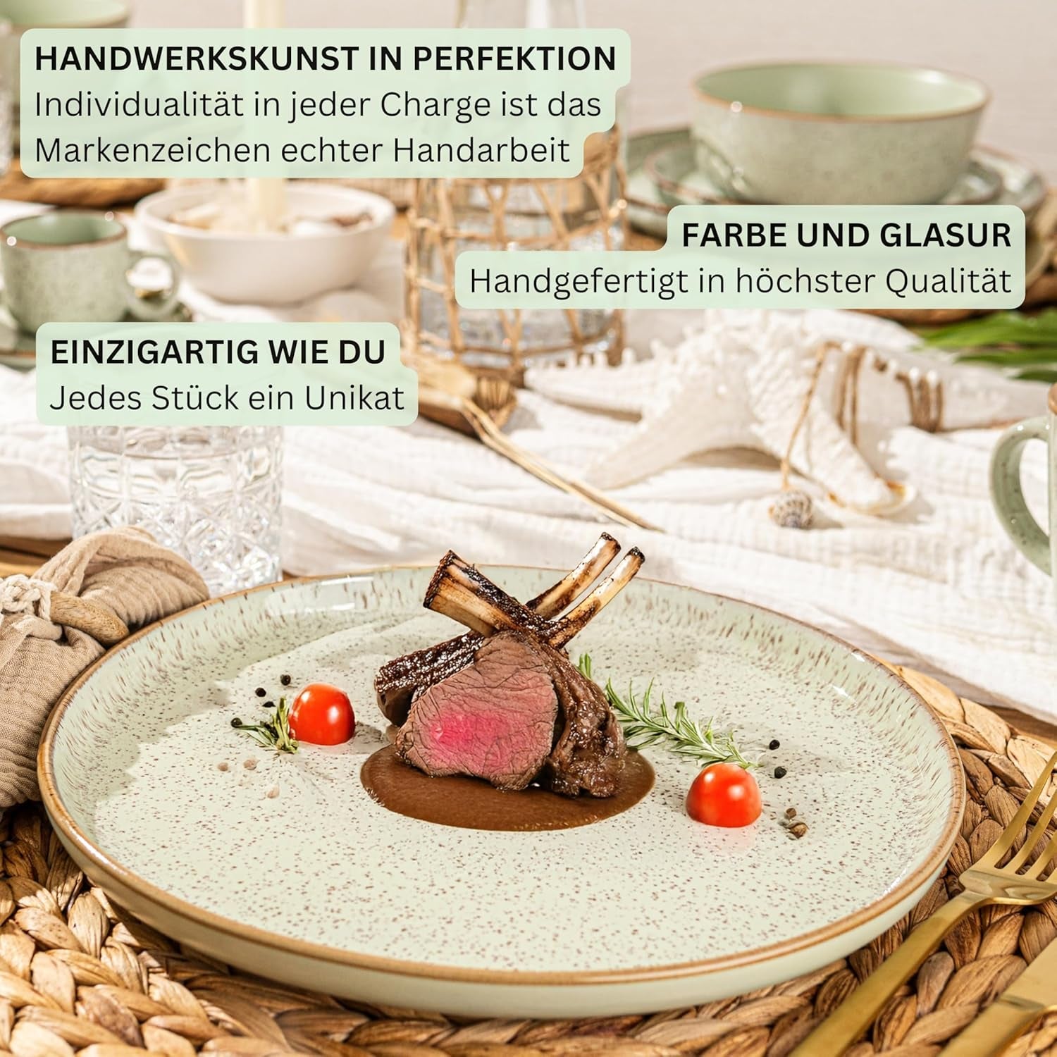 SÄNGER Rio Menthe | Service de table en grès pour 6 personnes, 6 assiettes, 6 assiettes à dessert, 6 bols, vert menthe | LA COLLECTION VALEUR