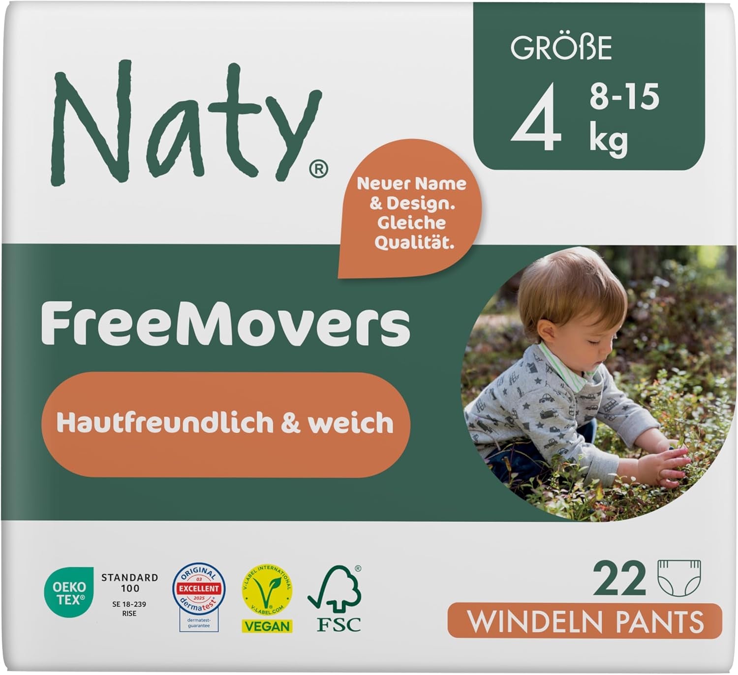 Couches pour bébé Naty FreeMovers | Couvre-couches certifiés respectueux de la peau | Doux et sans parfum | Absorbant et étanche | Testé dermatologiquement Taille 5 (12-18 kg) | 80 pièces