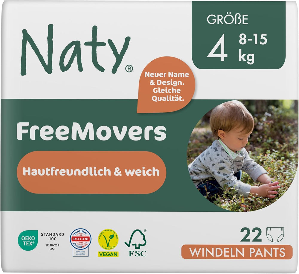 Couches pour bébé Naty FreeMovers | Couvre-couches certifiés respectueux de la peau | Doux et sans parfum | Absorbant et étanche | Testé dermatologiquement Taille 5 (12-18 kg) | 80 pièces