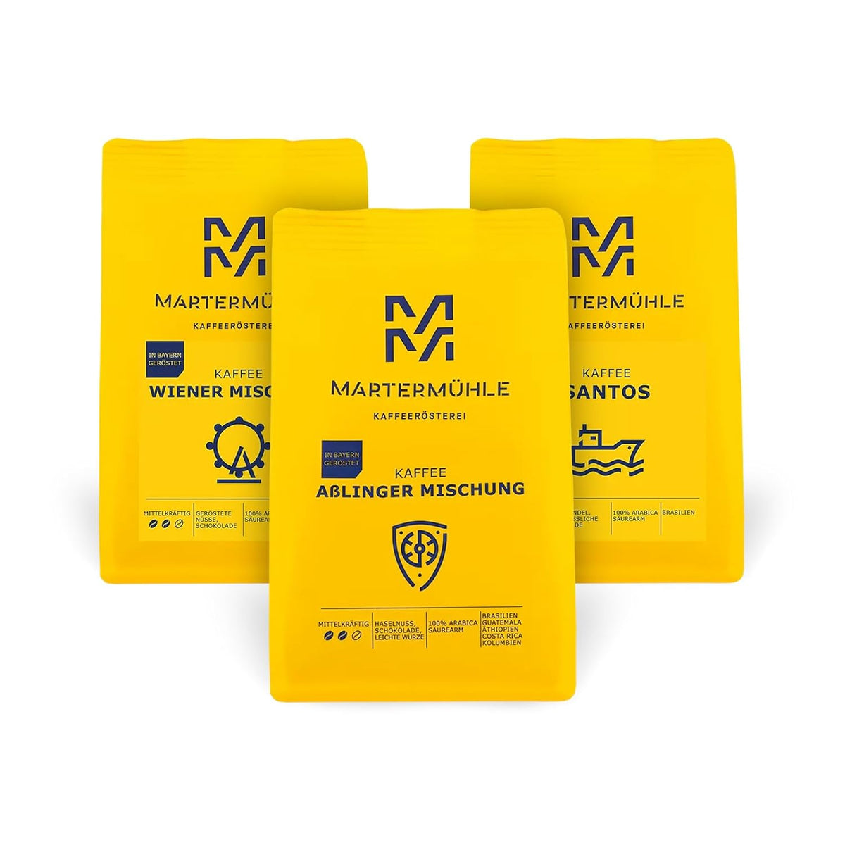 Martermühle coffret d'échantillons de café en grains 3x250g force légère/moyenne I Arabica I Grains de café entiers légèrement torréfiés, faible acidité (39/46/529)