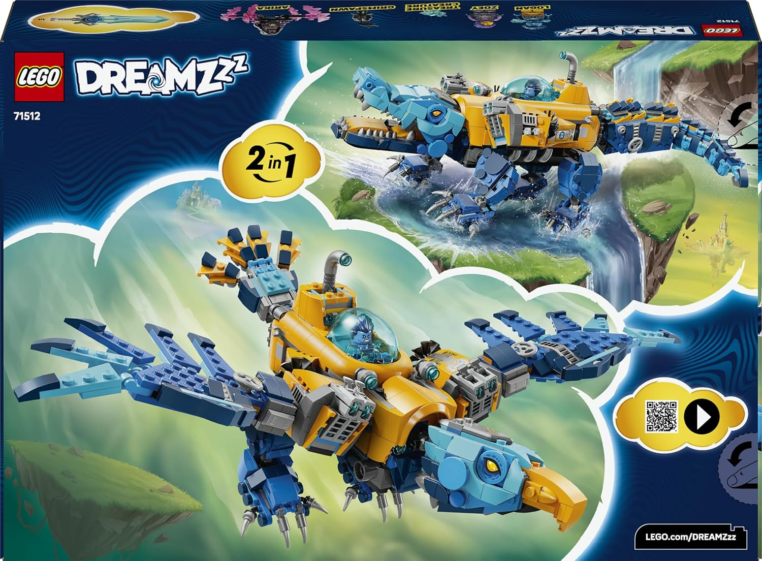 LEGO DREAMZzz 2in1 Krokodil-U-Boot - Spielzeug verwandelbar in Adler-U-Boot - incl. 3 Minifigures, 2 Spinnen und Einer sammelbaren blue Treasure-Kreatur - Geschenk für Jungen ab 8 Jahren - 71512