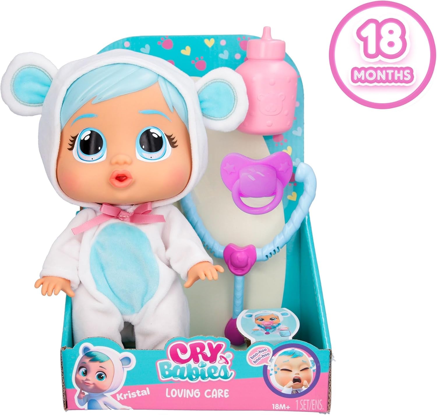 Cry Babies Loving Care Kristal Doll, Kristal Loving Care Baby Doll avec 3 accessoires pour jouer au docteur, soins infirmiers, pleurer avec de vraies larmes, jouet pour bébé de 18 mois