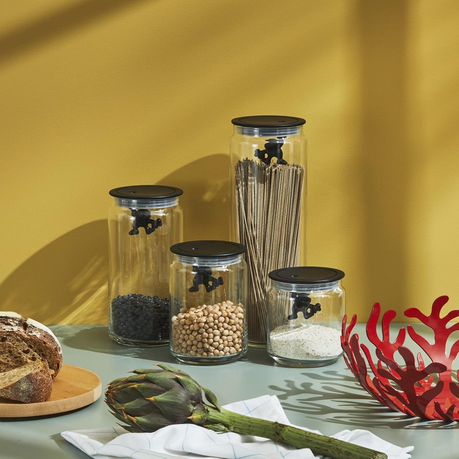 Alessi Pot de cuisine en verre "Gianni" avec couvercle scellé, résine thermoplastique, noir, 27,5 x 13,5 x 28 cm Boîtes de conservation alimentaire Naty Shop