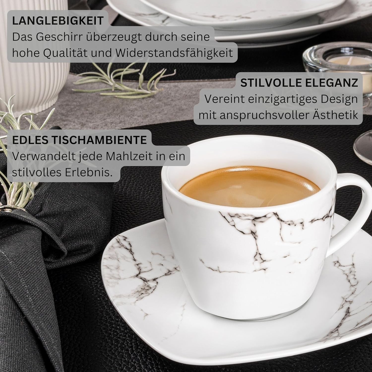 SANGER | Service de table combiné en marbre Bilgola, service de table 36 pièces pour 6 personnes avec assiettes plates, assiettes à dessert, assiettes Suma, bols à céréales, assiettes à café et soucoupes en porcelaine, carré | LA COLLECTION PREMIUM
