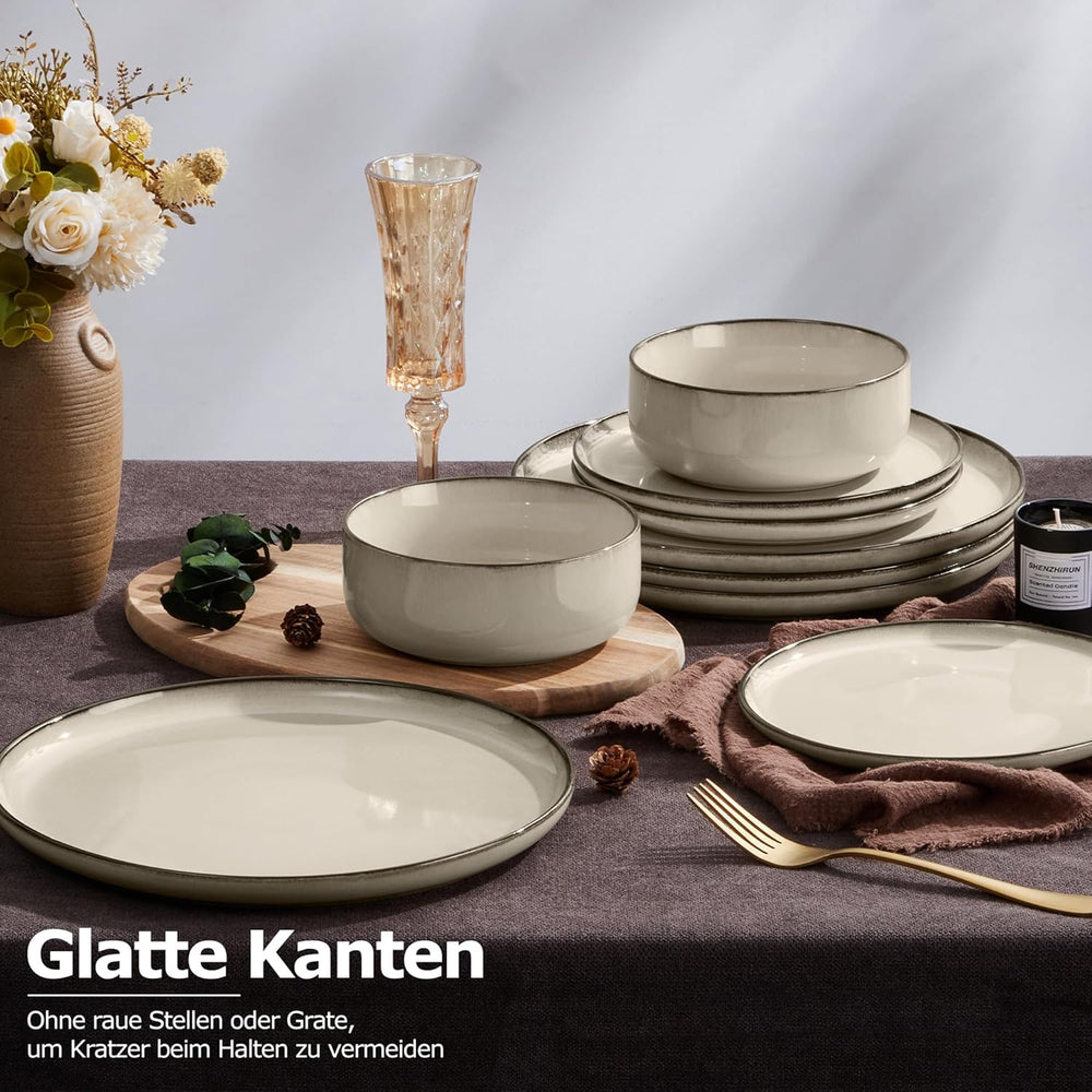 Service de table pour 6 personnes, 18 pièces en grès, service combiné, 6 assiettes plates, 6 assiettes à dessert, 6 bols à céréales, résistant aux rayures et passe au micro-ondes – Kaki Karst
