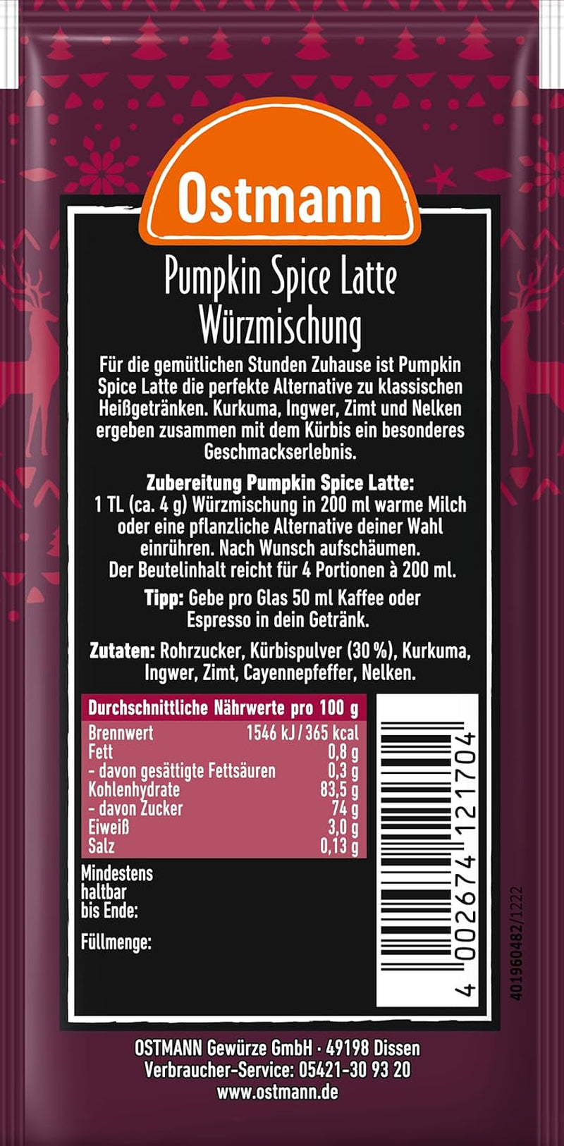 Ostmann Gewürze – Pumpkin Spice Latte Würzmischung, zum Einrühren in Milch mit Kaffee ou Espresso, mit Kürbispulver, 16 g im Beutel (Verpackungsdesign kann abweichen)