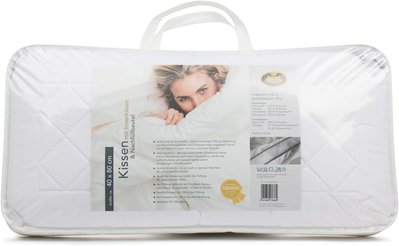 Gözze - Oreiller avec coussin intérieur 150G et ruban climatique, avec sac de recharge, 40 X 80 Cm - Oreillers standard White Naty Shop
