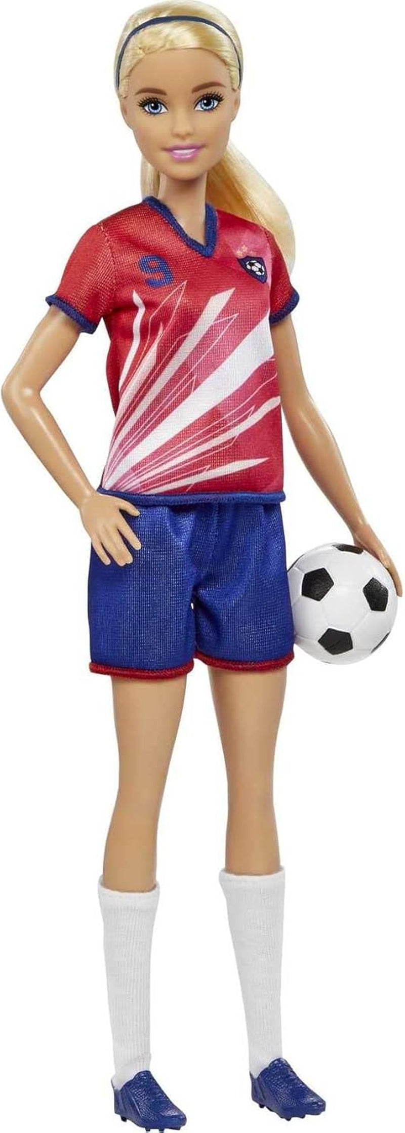 Barbie Série You Can Be Anything, Joueur de football, Joueur de football aux cheveux blonds, Maillot rouge et bleu, Ballon, Accessoires, Poupée incluse, Cadeau à partir de 3 ans, HCN17