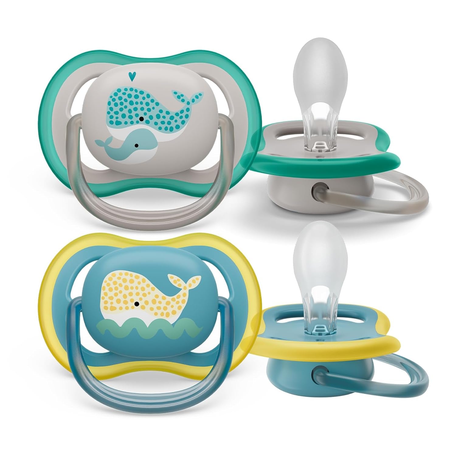 Sucette Philips Avent Ultra Air - lot de 2 sucettes respirantes sans BPA pour bébés à partir de 18 mois, comprenant étui de transport et stérilisation, Baleine/Baleine (Modèle SCF349/24)