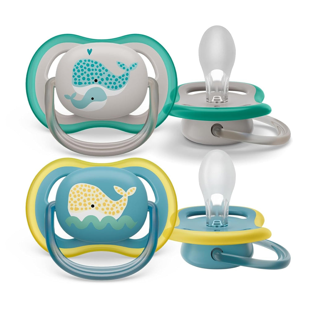 Sucette Philips Avent Ultra Air - lot de 2 sucettes respirantes sans BPA pour bébés à partir de 18 mois, comprenant étui de transport et stérilisation, Baleine/Baleine (Modèle SCF349/24)