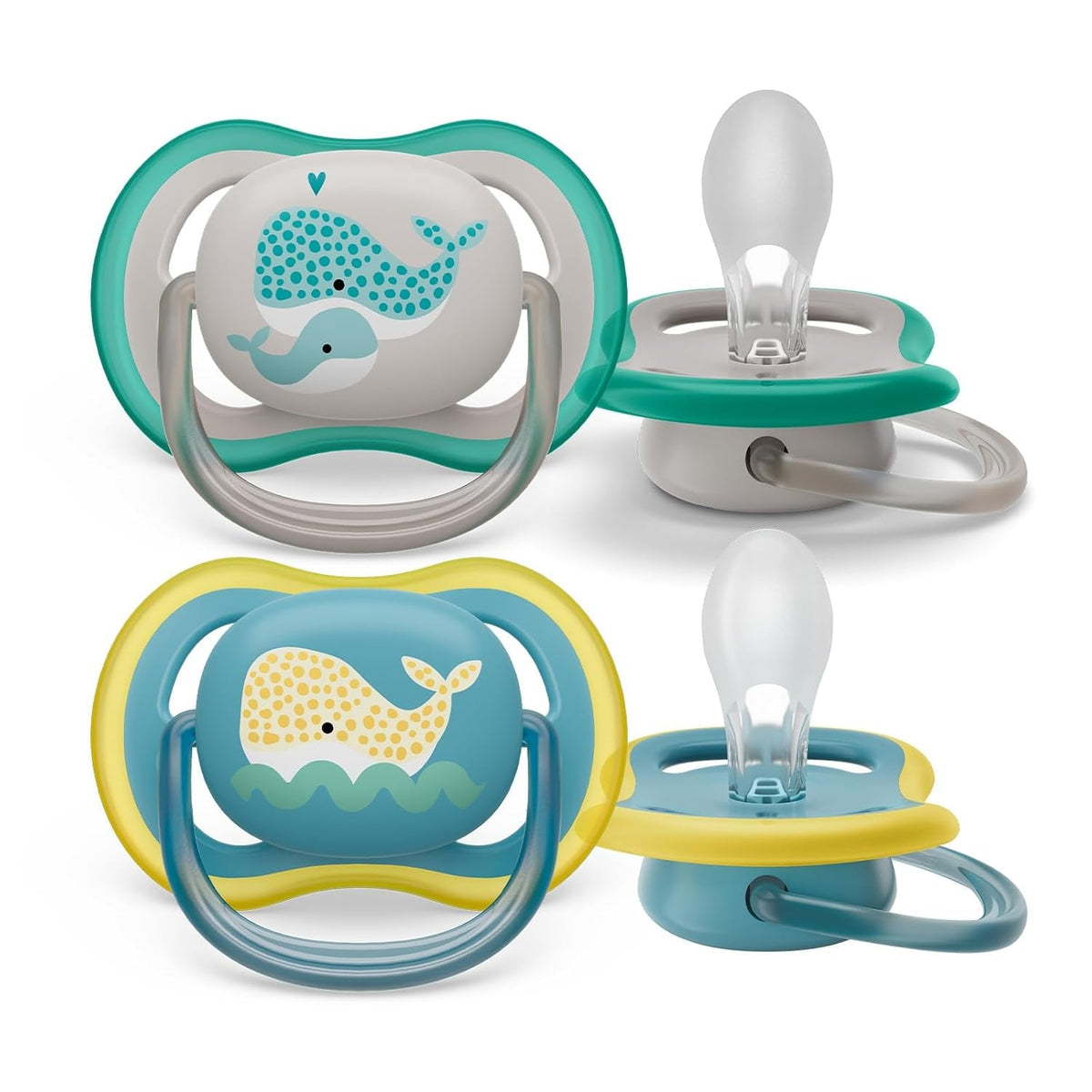 Sucette Philips Avent Ultra Air - lot de 2 sucettes respirantes sans BPA pour bébés à partir de 18 mois, comprenant étui de transport et stérilisation, Baleine/Baleine (Modèle SCF349/24)