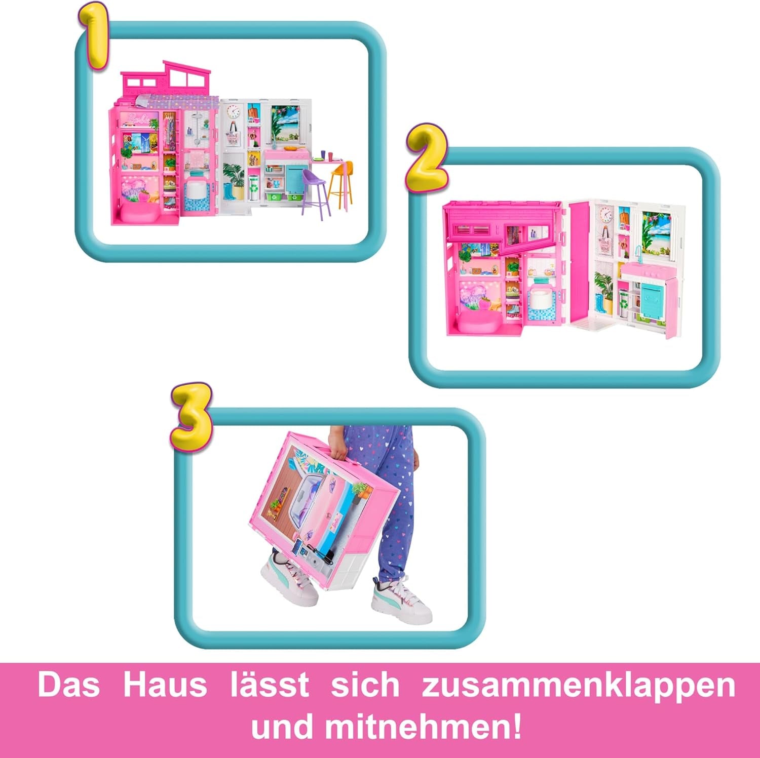 Barbie-Puppenhaus Spielset, Ferienhaus mit 4 Spielbereichen, darunter Küche, Badezimmer, Schlafzimmer und Lounge, 11 Deko-Zubehörteile, HRJ76