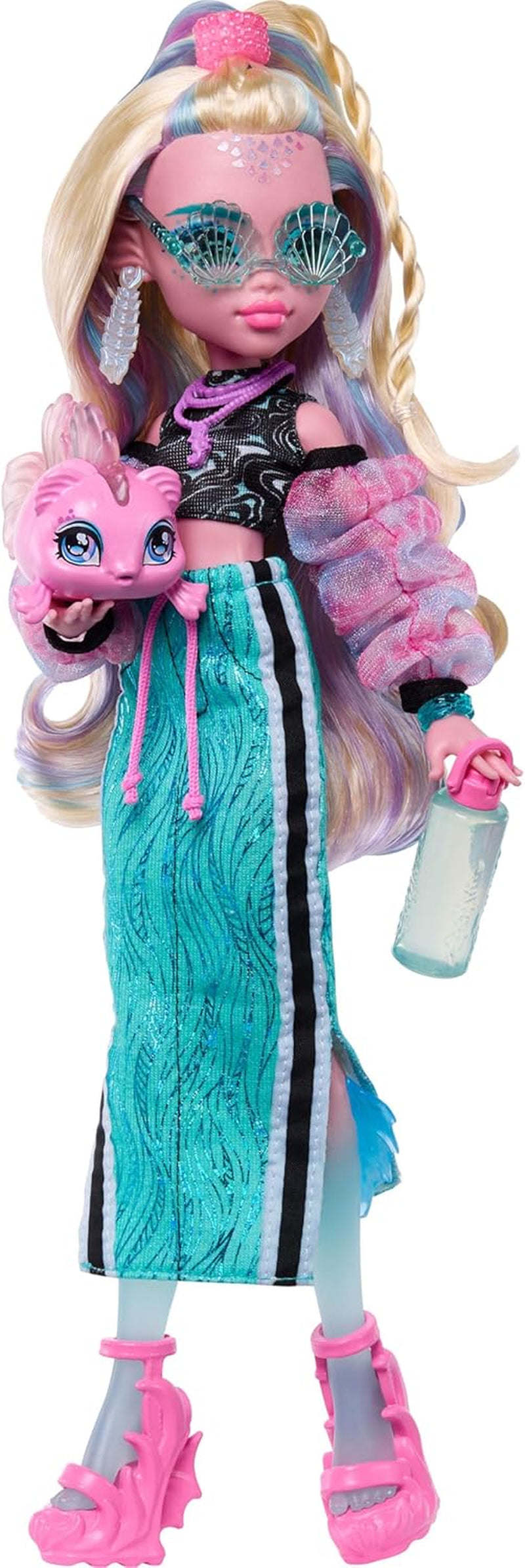 Monster High Lagoona Blue Neptuna Fish Haut court et jupe longue de sport avec 7 accessoires dont lunettes de soleil coquillage, collation et sac, JHK33