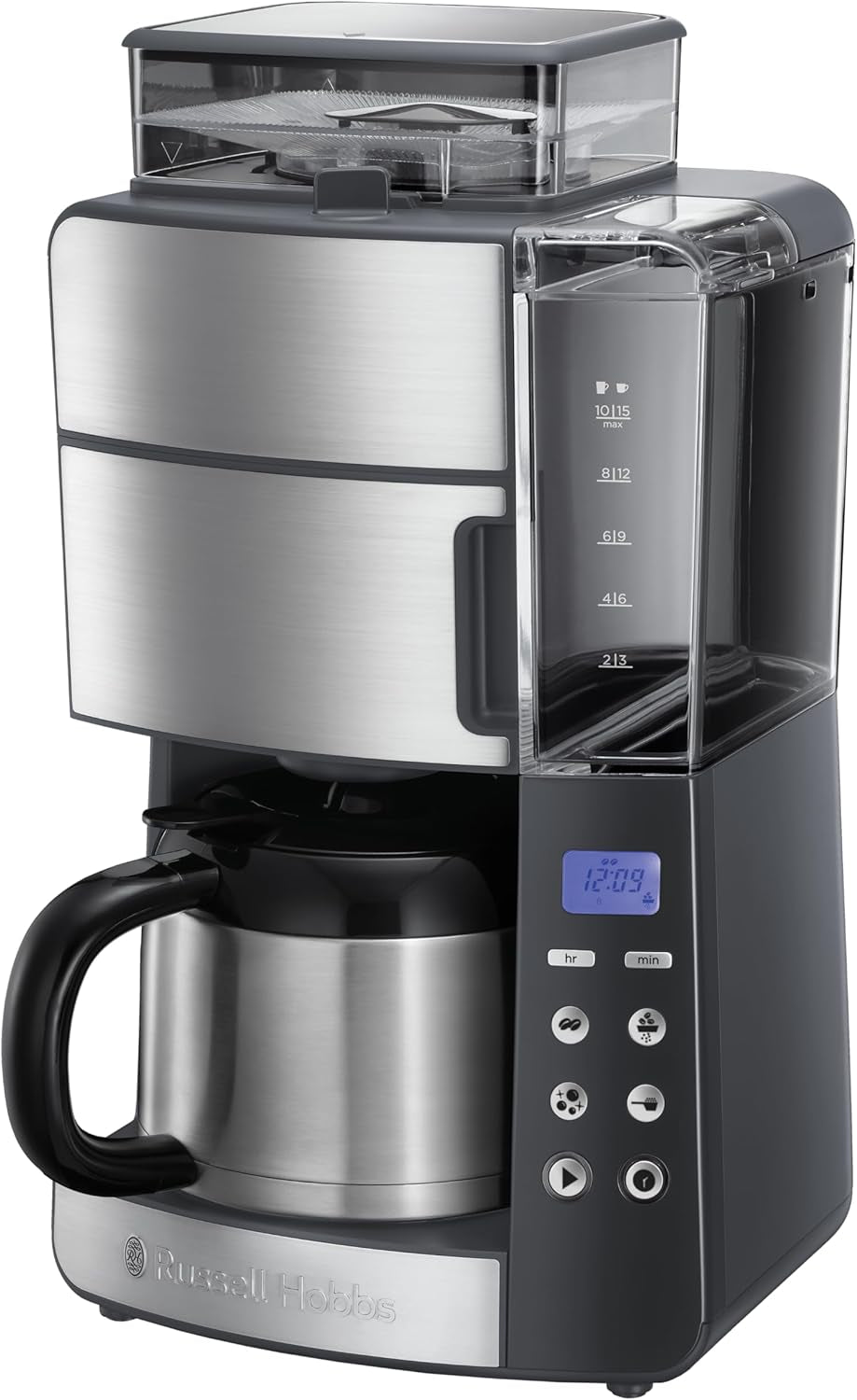 Russell Hobbs Cafetière avec moulin et carafe thermique [minuterie numérique, pomme de douche pour une extraction et un arôme optimaux] Grind&Brew (1-10 tasses, 3 réglages de mouture) Cafetière à filtre 25620-56