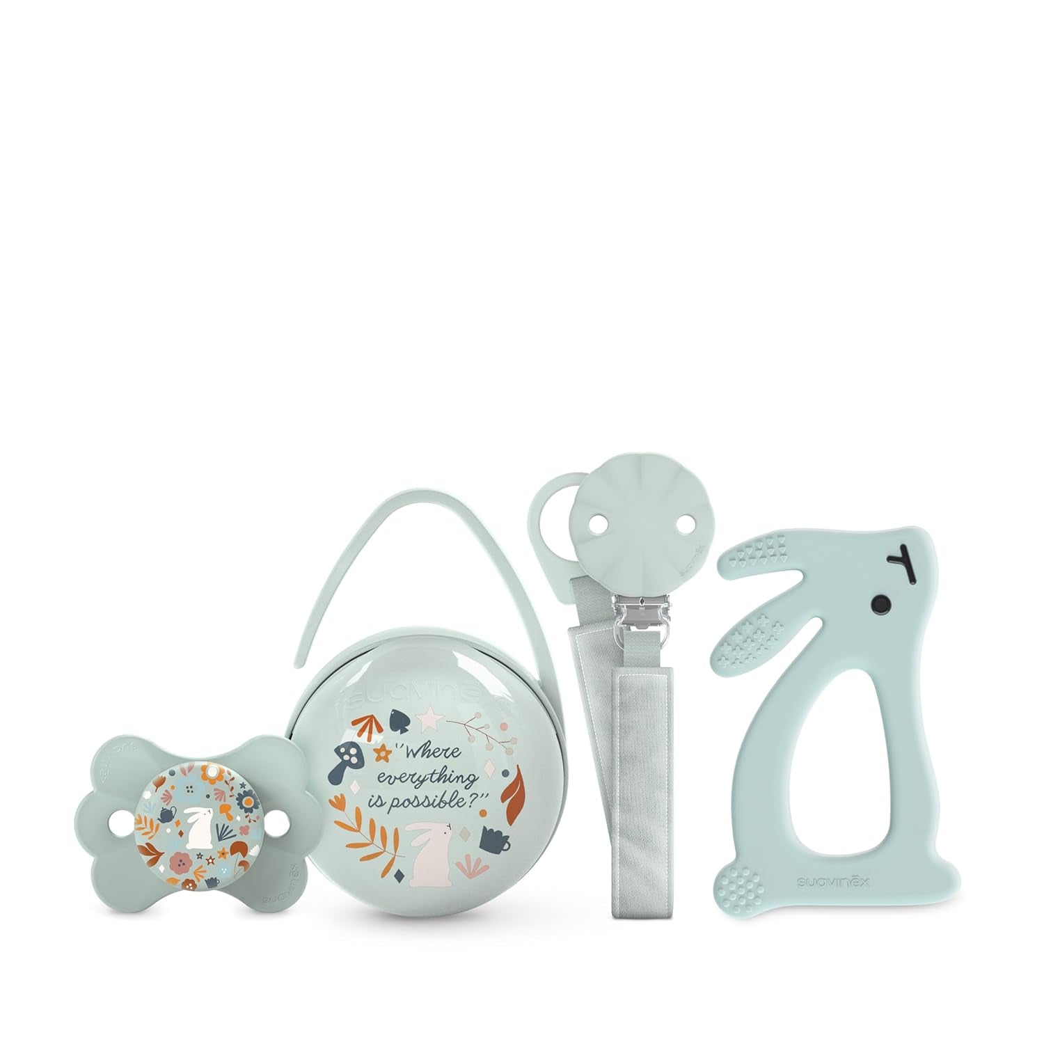 Coffret Suavinex pour nouveau-né. Coffret 4 pièces comprenant : Sucette Physiologique SX Pro pour bébé 0-6 mois + attache-sucette + attache-sucette Duo + anneau de dentition en silicone. Pays des merveilles, beige