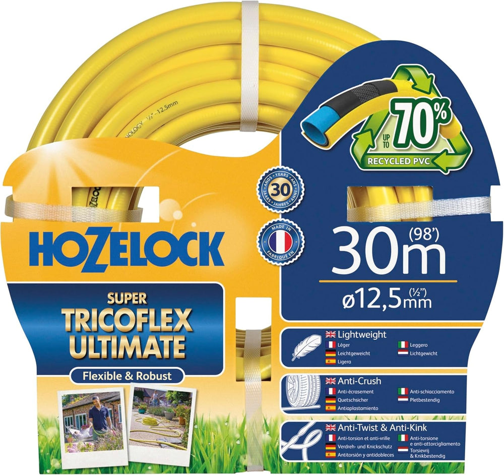 Tuyau HOZELOCK - Ultramax 12,5 mm x 30 m, jusqu'à 70 % de PVC recyclé, robuste, résistant aux intempéries, anti-torsion, résistant à la flexion et à l'écrasement, gris