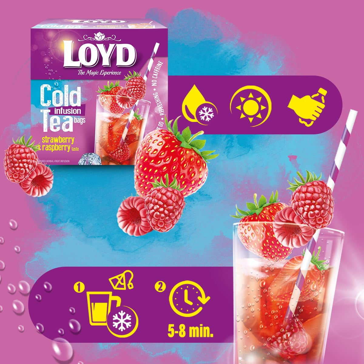 LOYD - Ceai rece cu căpșuni și zmeură - 12 pliculețe piramidale, ceai rece de vară, ceai rece aromatizat, cu ingrediente naturale, apă aromatizată, fără adaos de zahăr, preparat la rece - 30 g