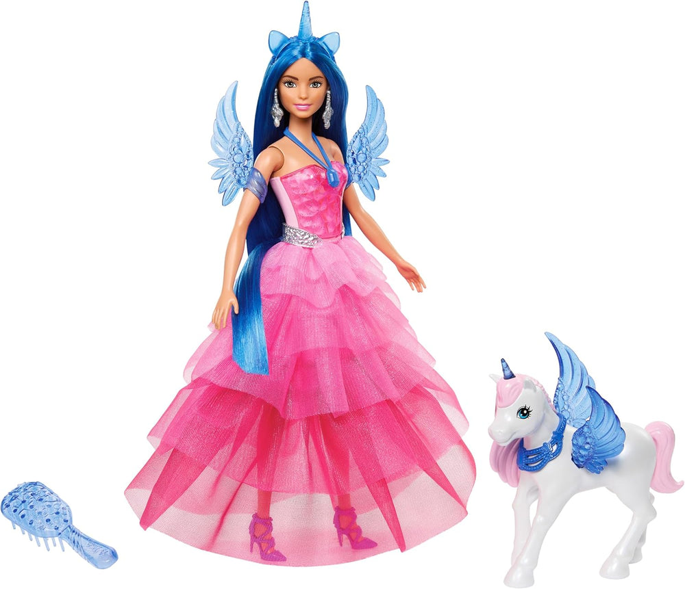 Barbie Ein verborgener Zauber - Puppe mit Einhorn, pinkfarbenes Kleid mit Saphirblauen Details, Einhorn-Stirnband, abnehmbare Saphirflügel und Schwanz, für Kinder ab 3 Jahren, HRR16