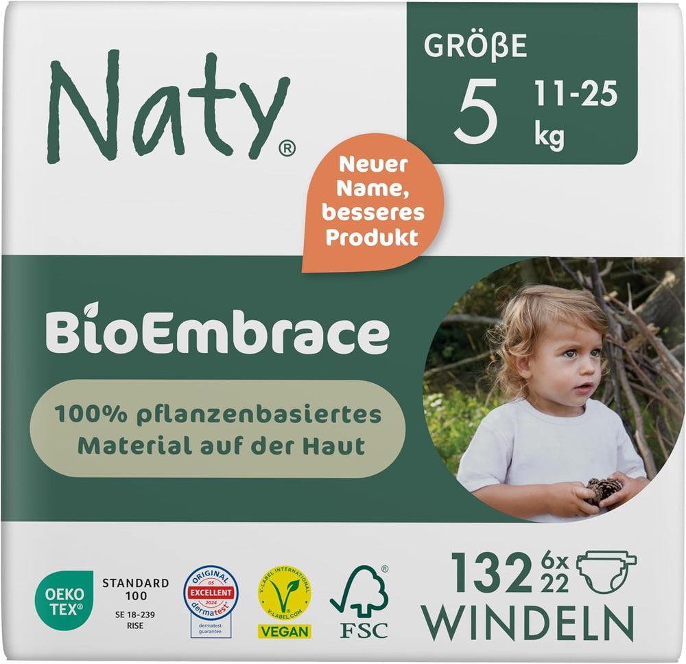 Couches pour bébé Naty BioEmbrace, taille 5 (11 à 25 kg) | Matières 100% végétales, douces pour la peau | Douceur respirante, testée dermatologiquement, excellente absorption | 80 pièces.