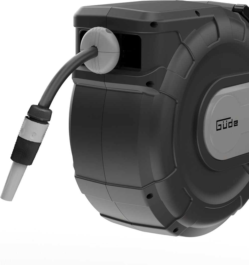 Enrouleur de tuyau automatique Güde 30-2-2 1/2 (rotation à 180°, pour montage mural, tuyau de 30 m, jet d'eau, support mural, retrait automatique, butée de retrait, poignée de transport, 2 raccords rapides)