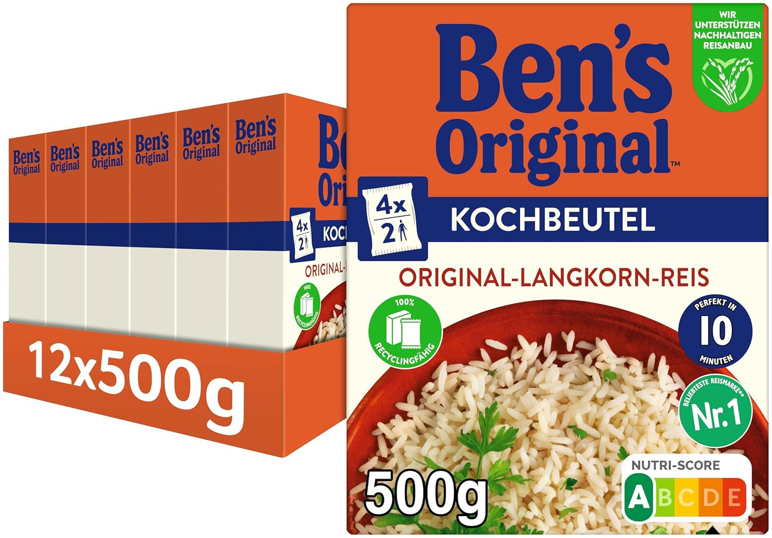 Riz à grains longs BEN'S ORIGINAL™, bouilli en sachet, 10 minutes, 6 x 1 kg