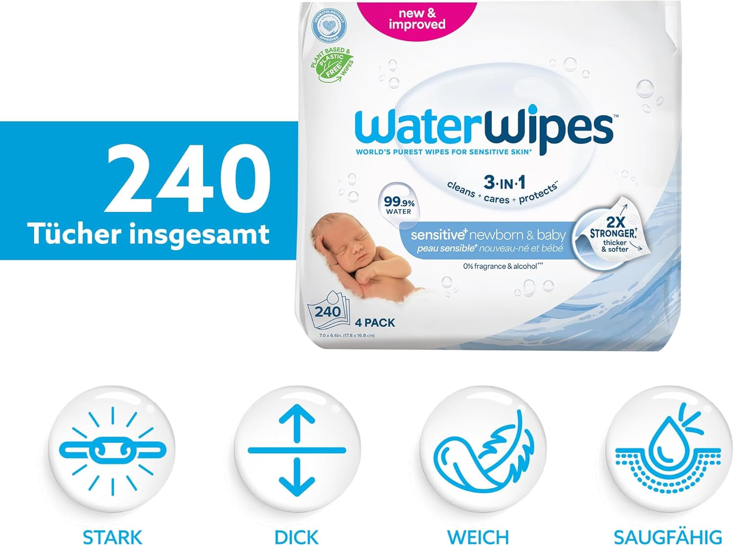 WaterWipes Sensitive+ Lingettes humides pour nouveau-nés et bébés, 240 unités (paquet de 4), nettoyage, entretien, protection 3 en 1, 99,9 % d'eau, sans parfum