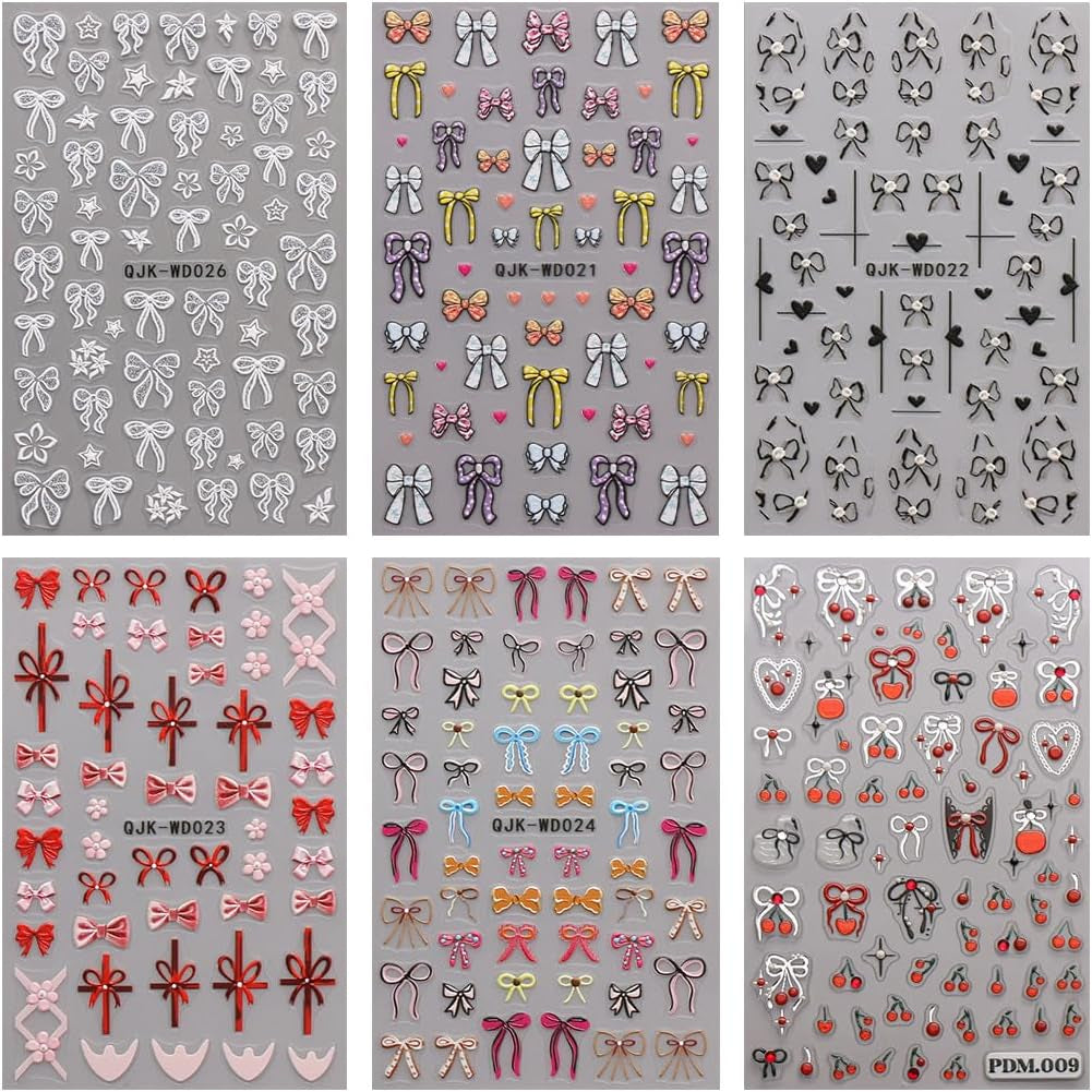 JMEOWIO Nagelsticker Bunte Herz Schleife 6 Blatt Nail Art Sticker Selbstklebend Nagelaufkleber Dekoration Nageldesign Zubehör