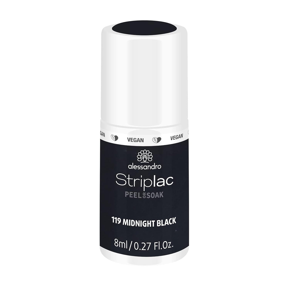 Vernis à ongles UV Alessandro Striplac Midnight Black – Délicat et longue tenue – S'enlève facilement grâce à la technologie Peel-Off Removal – Vegan et cruelty-free – 8 ml