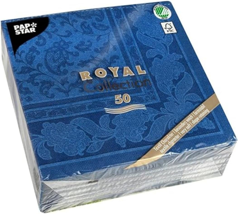 50 serviettes "Collection ROYAL" pli 1/4 40 Cm X 40 Cm bleu foncé "Ornements"