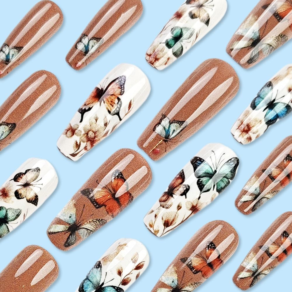 24 pièces presse longue sur les ongles cercueil ongles artificiels fleur de papillon ongles adhésifs blanc marron ensemble d'ongles en acrylique conseils d'ongles femmes printemps été accessoires pour ongles