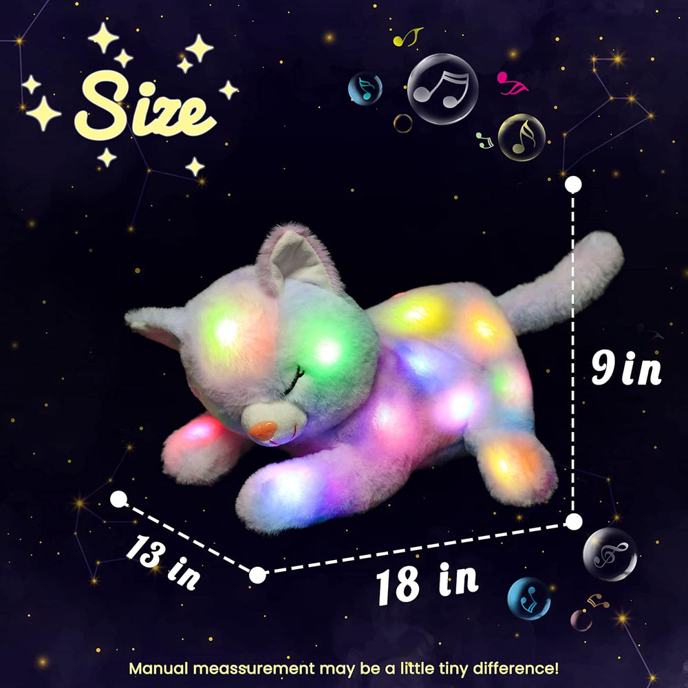 Chat en peluche musical à LED, jouet chantant léger, mère chat avec 3 chatons dans le ventre, berceuse animée, jouet apaisant pour mères, enfants, petites filles, arc-en-ciel, 45 cm