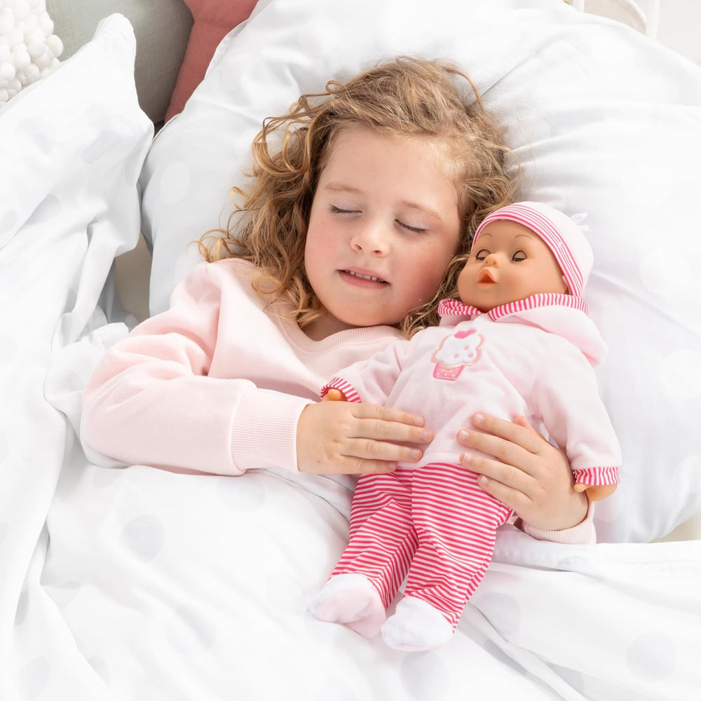 Babypuppe First Words mit Schlafaugen, spricht 24 Babylaute, mit Schnuller et Flasche, 38 cm, Rosa/Streifen
