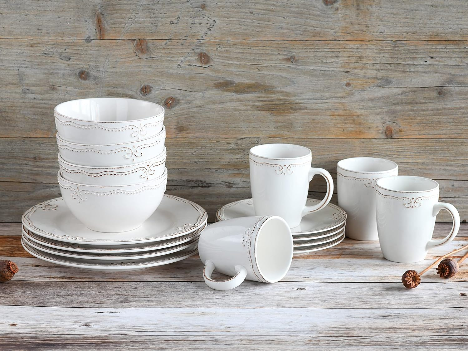 CreaTable, 23601, Série Romantic Vintage, Service de table 16 pièces pour 4 personnes, Service combiné en porcelaine, Passe au lave-vaisselle et au micro-ondes, Fabrication de qualité