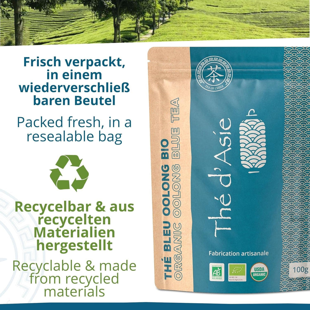 Khla - Thé Oolong Bio 100 G - Thé Bleu - Thé Naturel en Vrac - Thé Asiatique Biologique - En Vrac et Coupé - Tisane et Infusé - Origine Chine