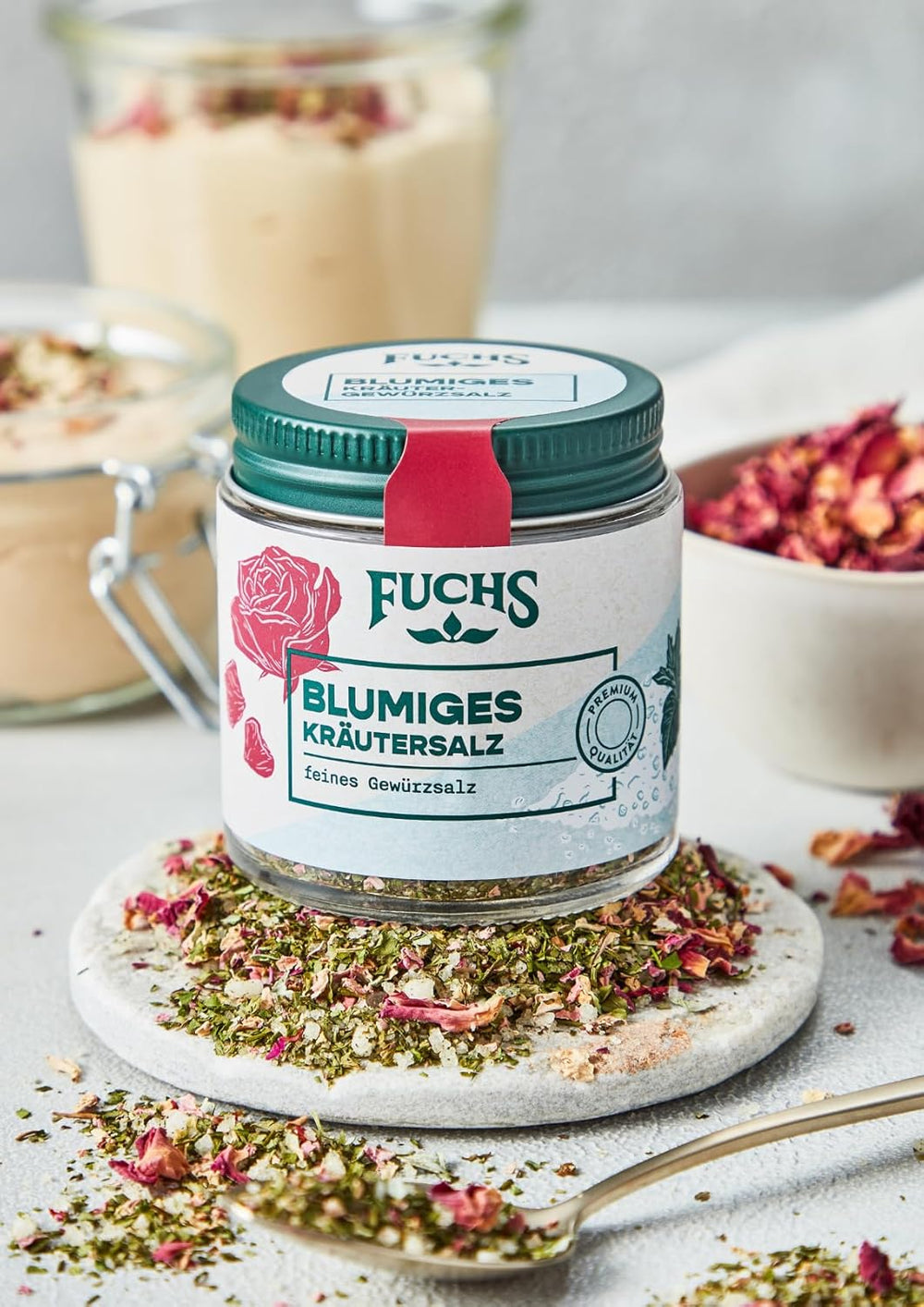 Fuchs Gewürze - Blumiges Kräutersalz | Gewürzsalz avec Rosenblütenblättern, Minze & Salz | Verfeinert Gemüse et Pasta-Gerichte | 45 g dans du wiederverschließbaren Gewürzglas